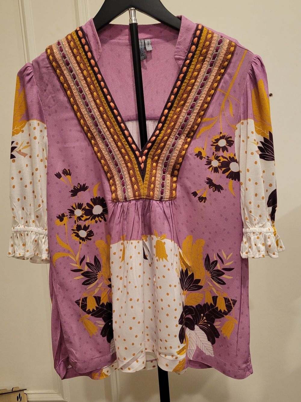 Anthropologie Bohemian Embroidered V-Neck Blouse in Lavender and Mustard